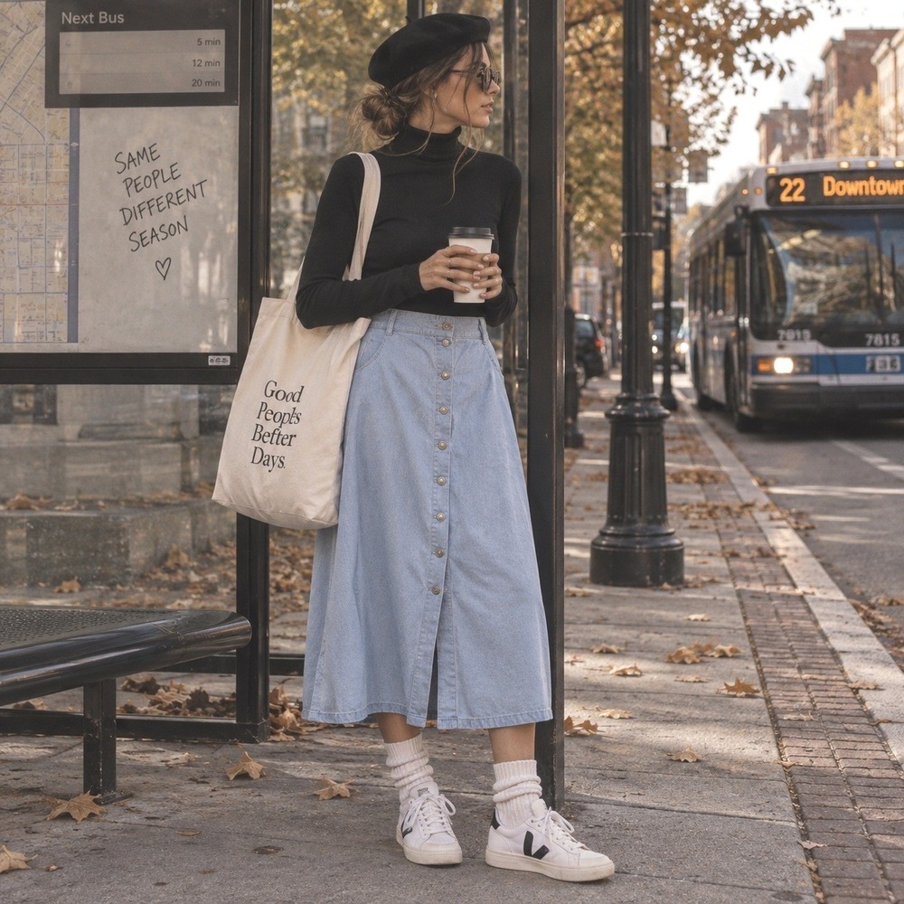 Free People teacher chambray light denim midi button up fall layering shopgirl m